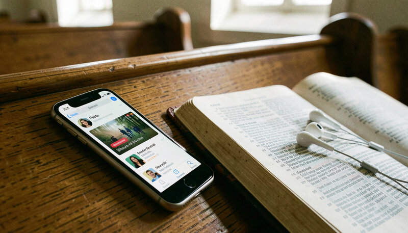 A smartphone on a wooden church pew showing a podcast app beside an open Bible and a pair of earbuds.