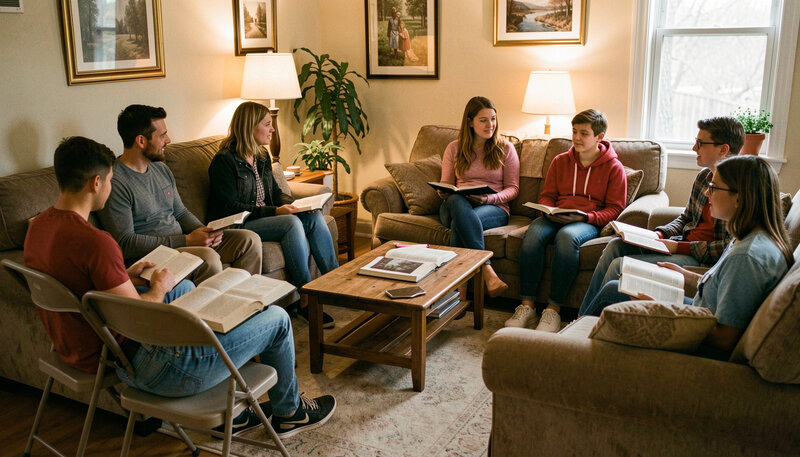 Six adults and teenagers on sofas in a living room with open Bibles during a home group study evening.