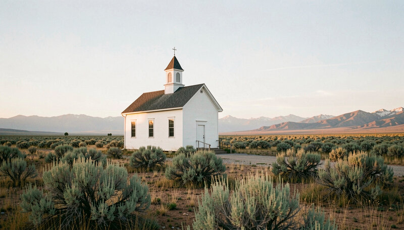 A small white wooden church on the Wyoming prairie with mountains in the distance under a wide evening sky.